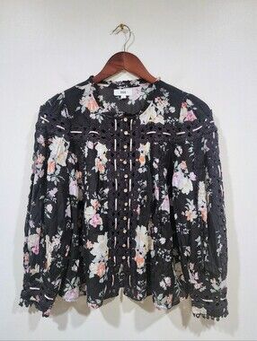 Anthropologie Rahi Black Floral Peasant Top